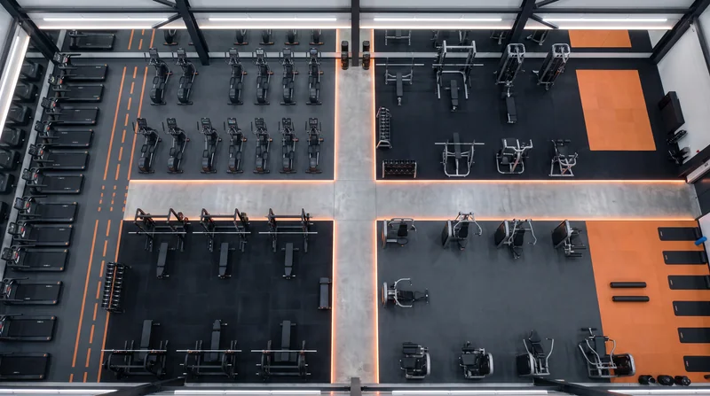 Vista aérea de academia com equipamentos distribuídos por zonas de treino