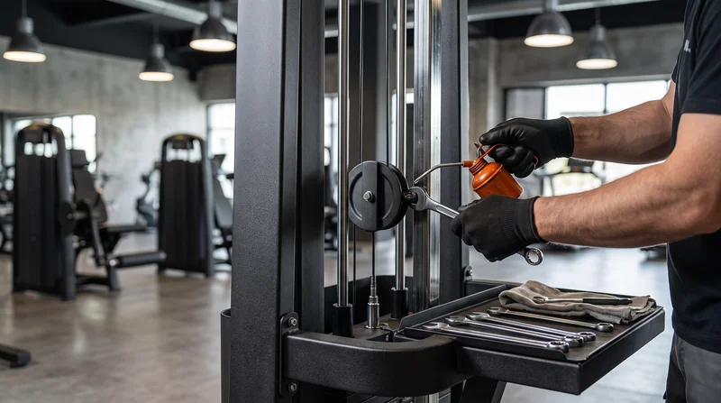 Técnico lubrificando a polia de uma máquina de musculação com ferramentas ao lado