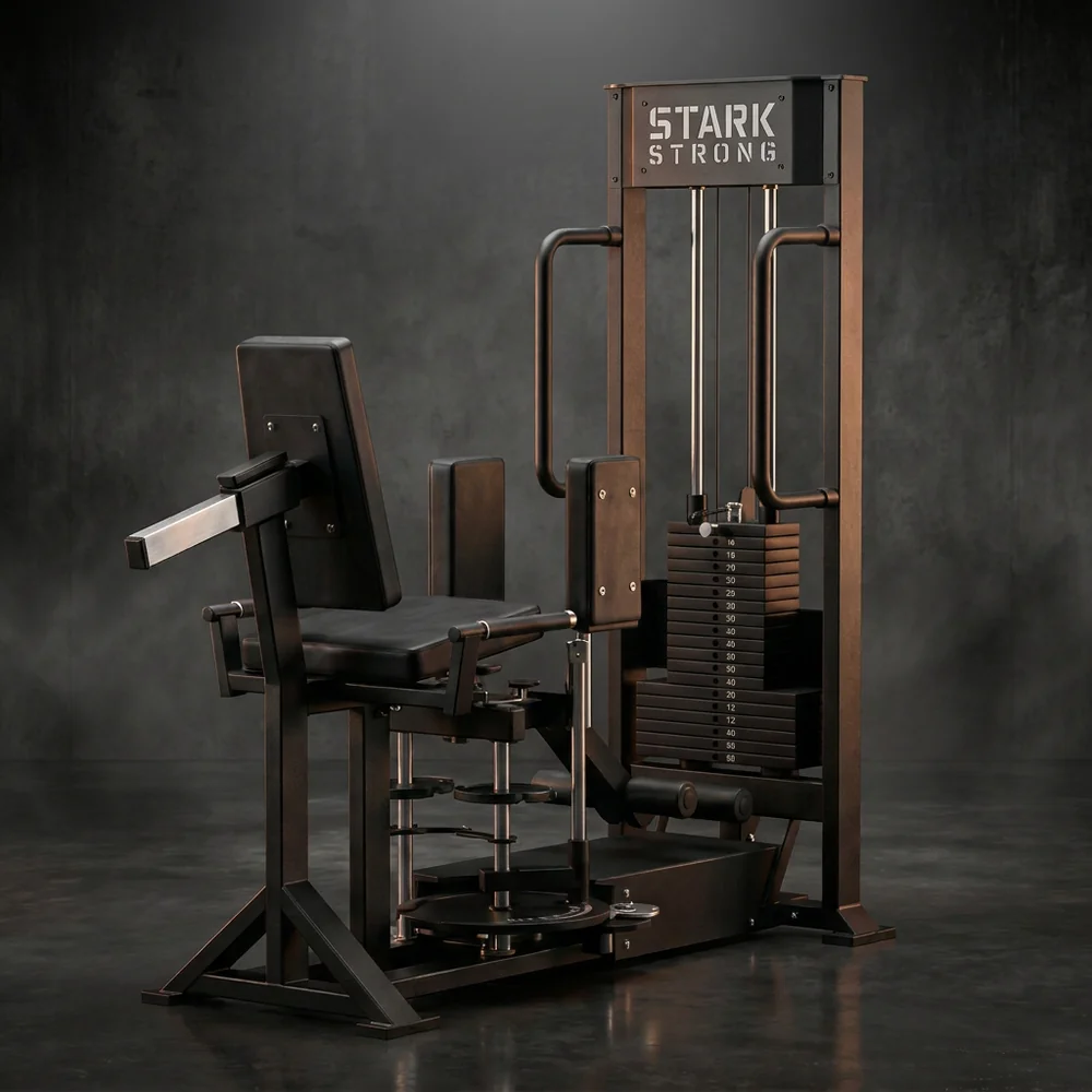 Máquina abdutora e adutora conjugada com carga Stark Strong, com assento acolchoado e torre de placas, para academias profissionais