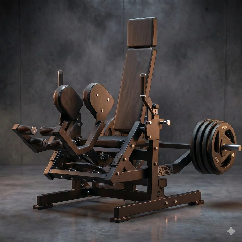 Abdutora articulada sapinho Stark Strong, com carga por anilhas olímpicas e apoios laterais acolchoados para treino de glúteos