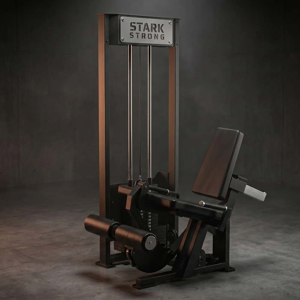 Cadeira extensora com carga eixo central Stark Strong, com torre de placas e rolo acolchoado para tíbia