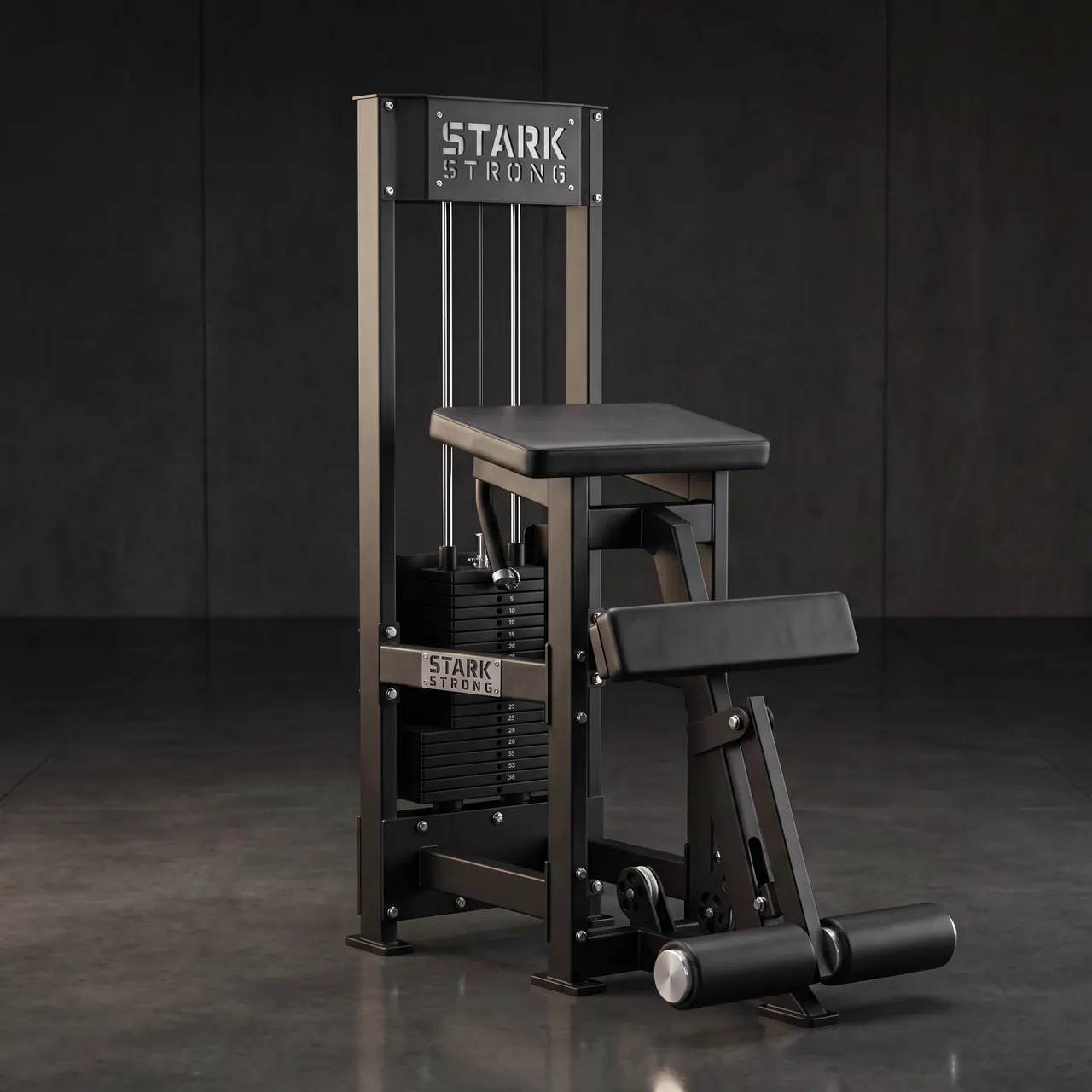 Flexora em pé com carga Stark Strong, bateria de 60 kg e apoio frontal acolchoado, para treino unilateral de posteriores de coxa
