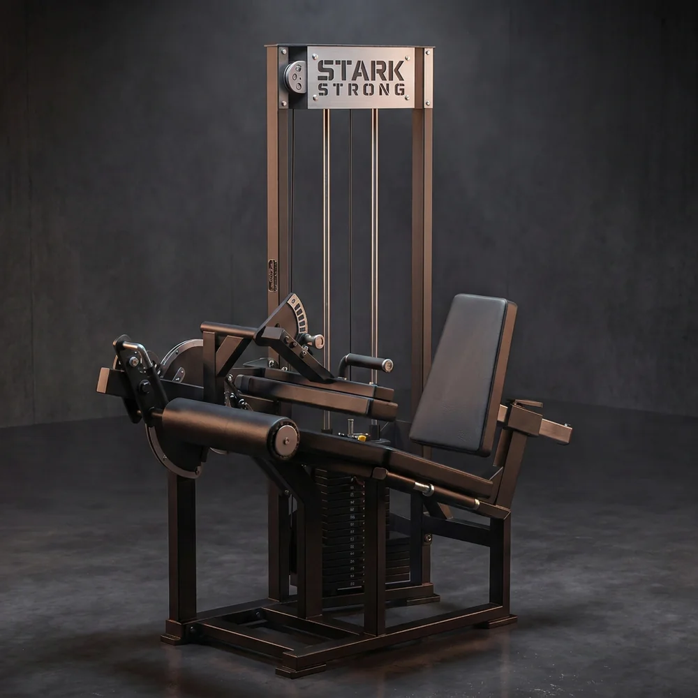Cadeira flexora sentada com carga Stark Strong, com torre de placas, rolo acolchoado e trava de coxa