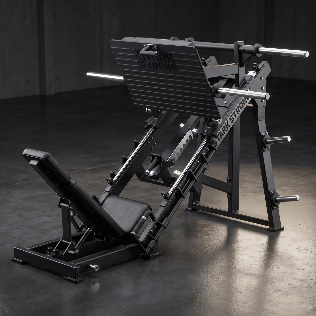 Leg press 45º com guias lineares e plataforma reta Stark Strong, carro sobre trilhos e travas de segurança, para treino de pernas