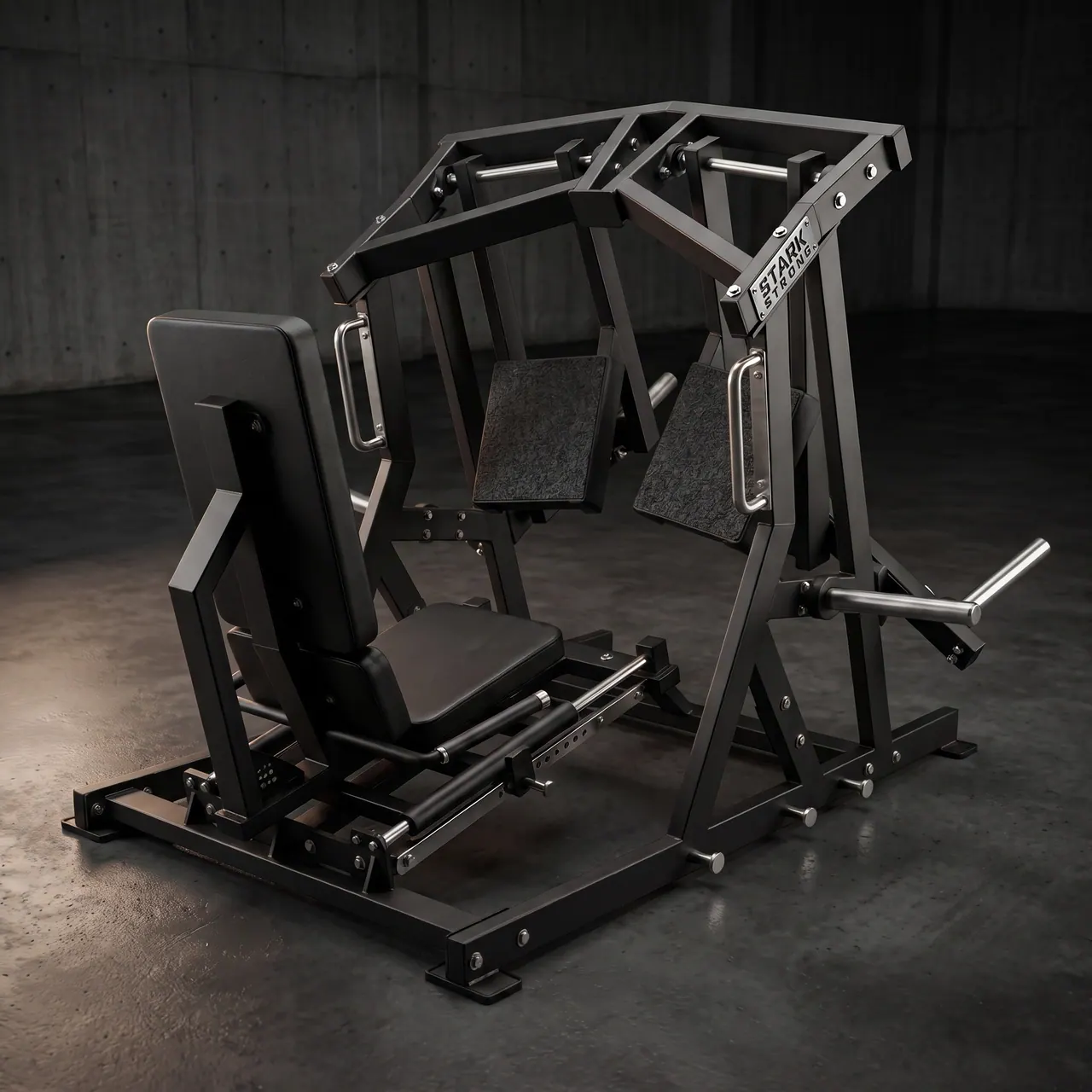 Leg press unilateral articulado Stark Strong, plataformas independentes e carga por anilhas olímpicas, para treino de pernas
