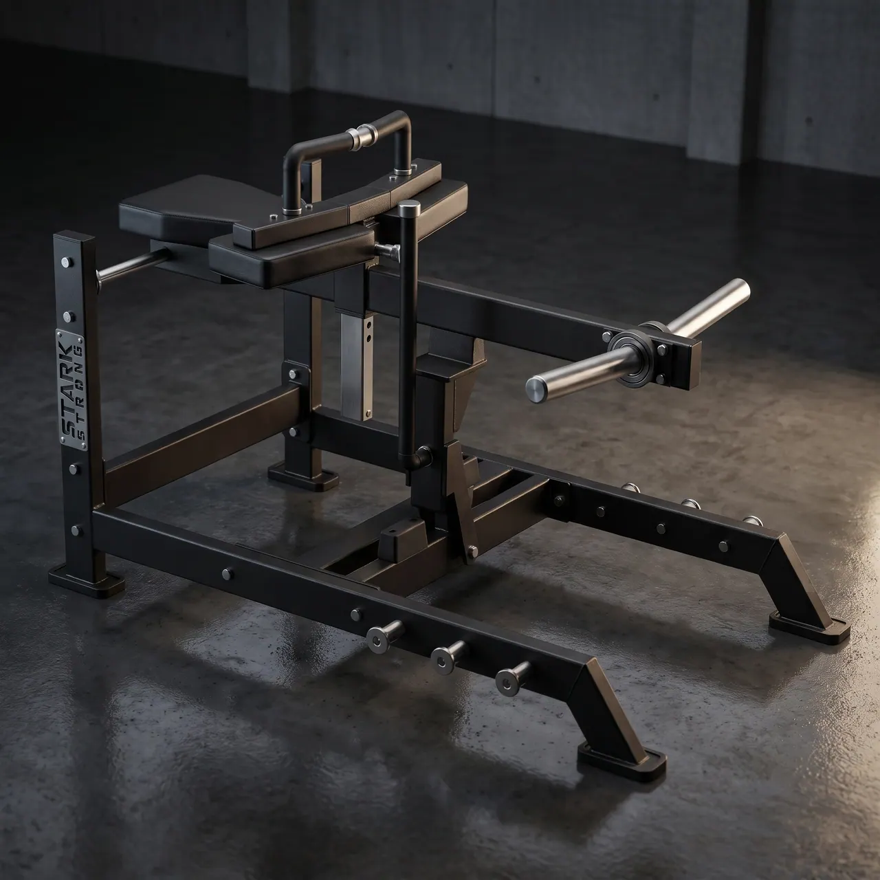 Panturrilha sentada articulada Stark Strong, rolos acolchoados sobre as coxas e carga por anilhas, para treino de panturrilhas