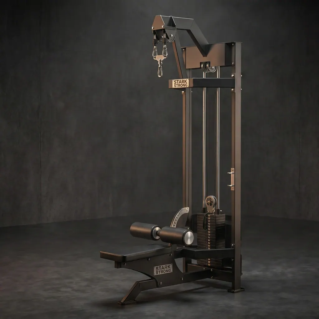 Puxador de costas com carga e polia dupla Stark Strong, torre de placas de 120 kg e assento com trava de coxas, para treino de dorsais