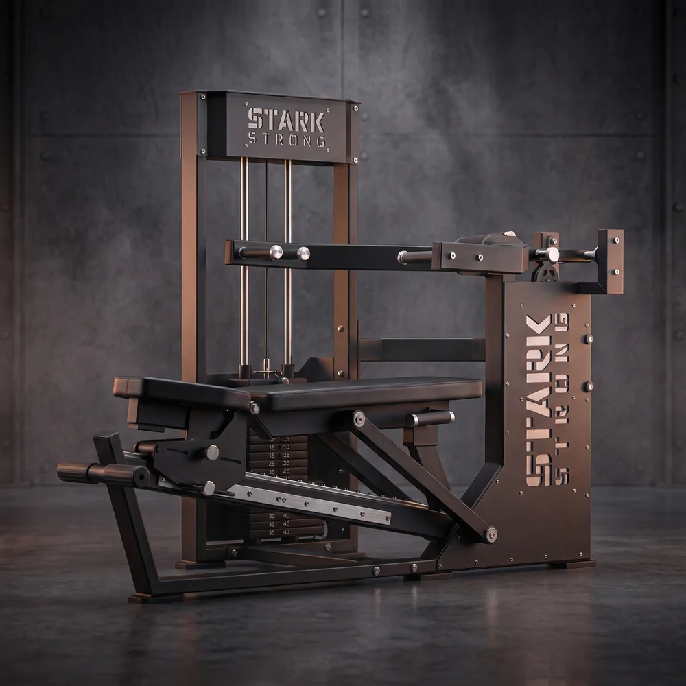 Supino e desenvolvimento de ombros com carga Stark Strong, aparelho conjugado com torre de placas e banco ajustável