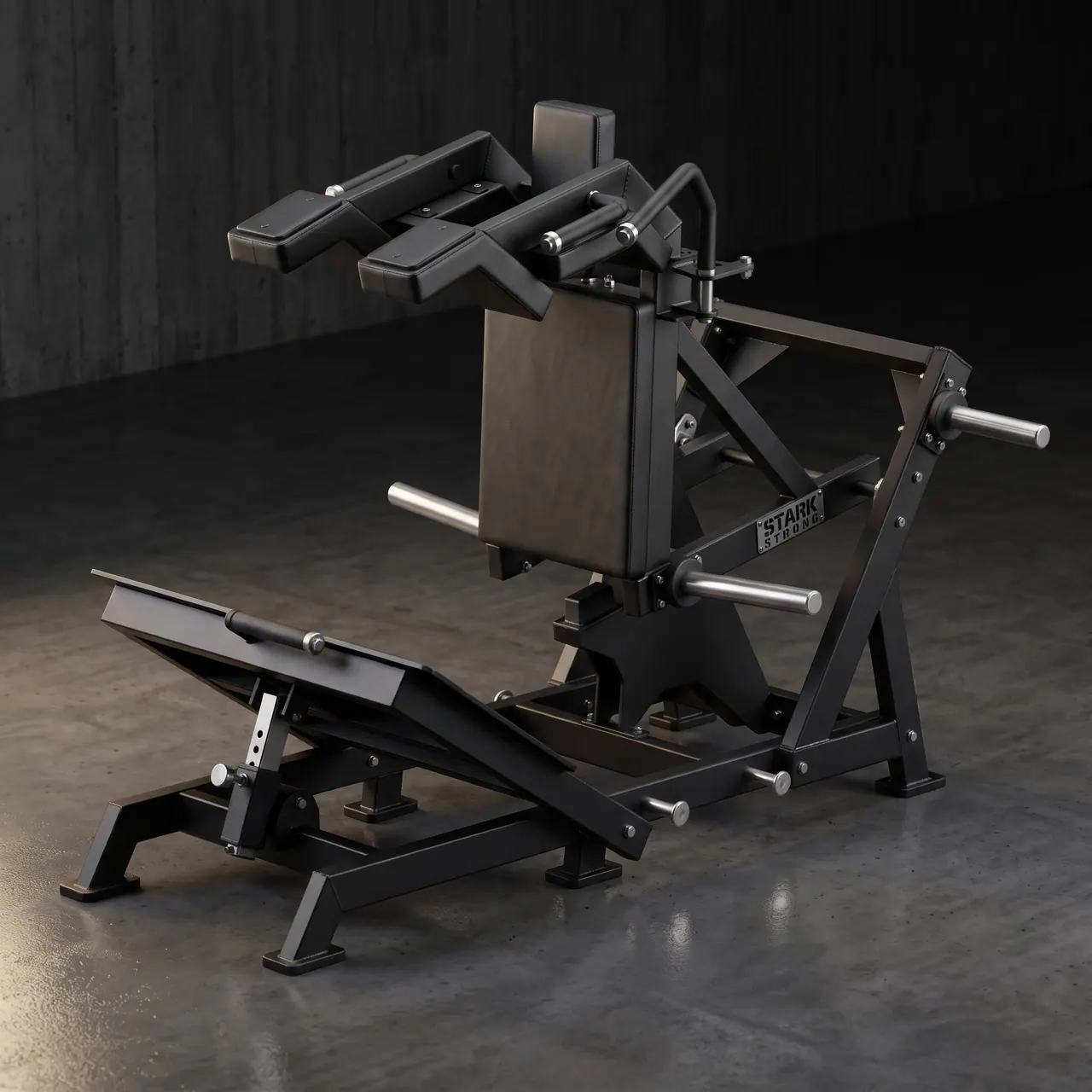 V-Squat Stark Strong, agachamento guiado com apoio de ombros e plataforma antiderrapante, para treino de quadríceps e glúteos