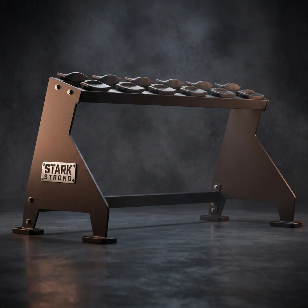 Suporte modular linear para halteres Stark Strong, bandeja única em aço com berços individuais para dumbbells