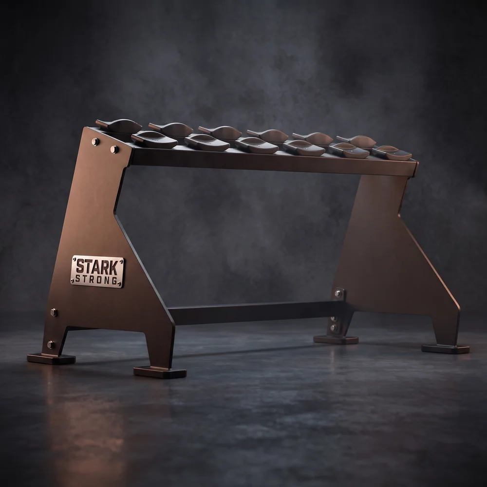 Suporte modular linear para halteres Stark Strong, bandeja única em aço com berços individuais para dumbbells